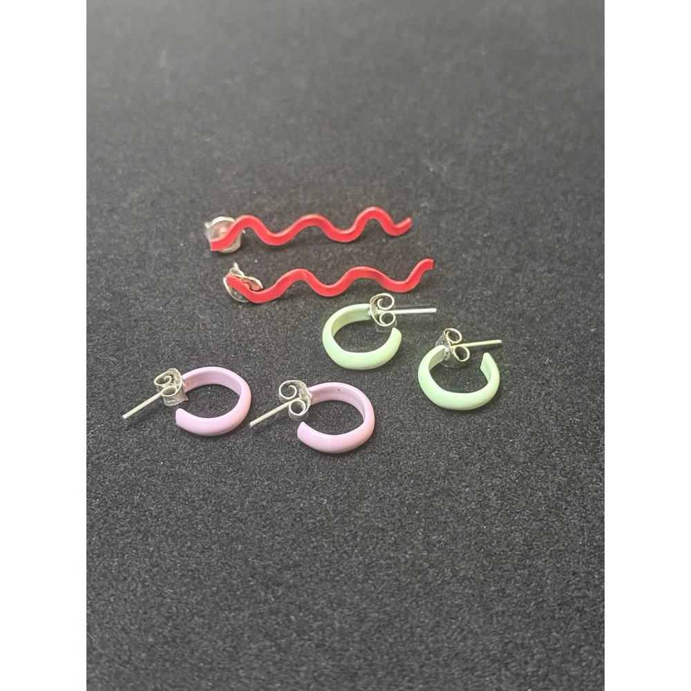3 Pairs Fun Colored Enamel Earrings - Squiggle & 2 Small Hoop